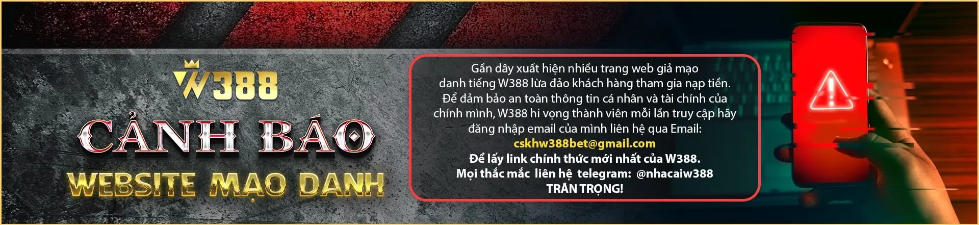 thông báo về địa chỉ chính thức website W388